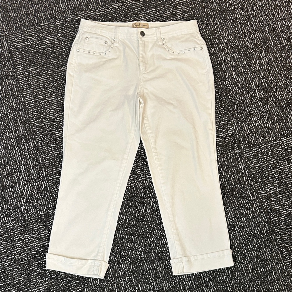 Y2K Earl Jeans White Cropped Jeans embellished with rhinestones gems jewels sz 8